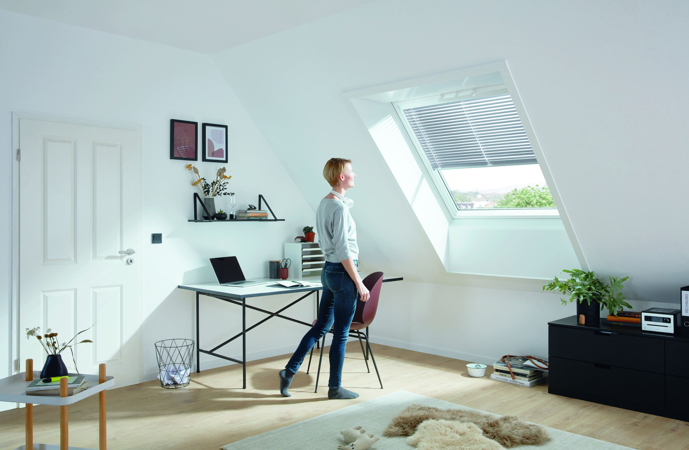 Tabelle, Schreibtisch, Stuhl, Pflanze, Person